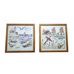 Framed Country Seashore Cross Stitch Set Lighthouse Seagull Beach Farm Marsh